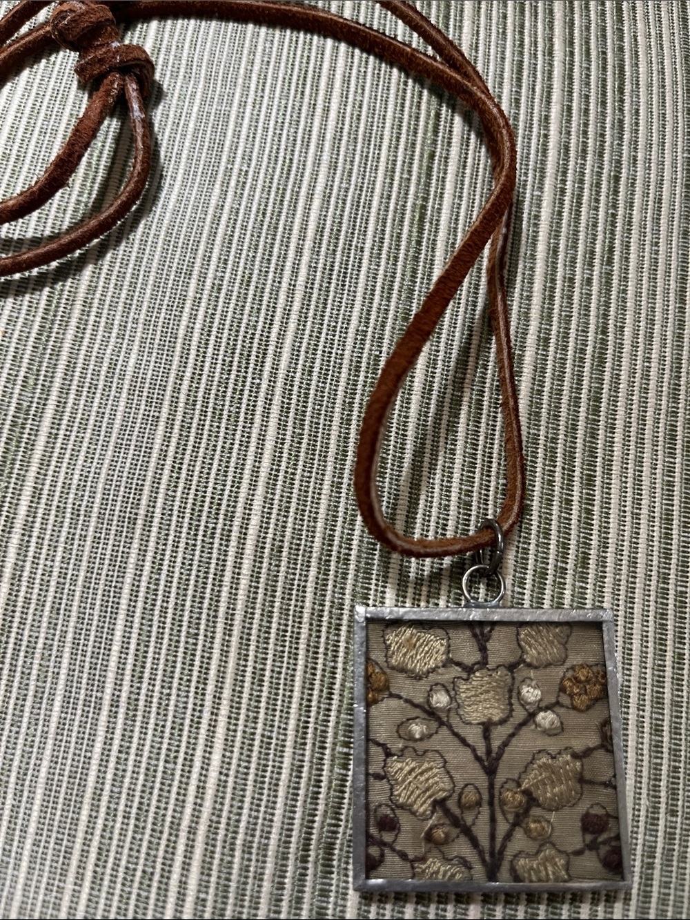 Floral Embroidered Square Suede Pendant Necklace in Brown and Beiges.